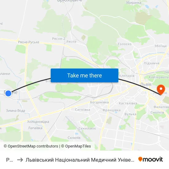 Рудне to Львівський Національний Медичний Університет Імені Данила Галицького map