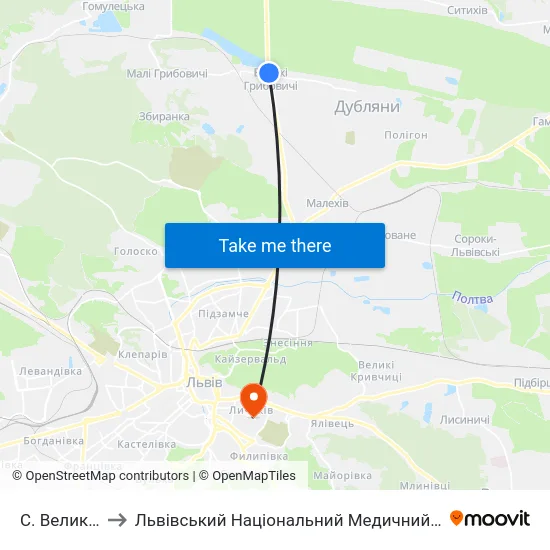 С. Великі Грибовичі to Львівський Національний Медичний Університет Імені Данила Галицького map