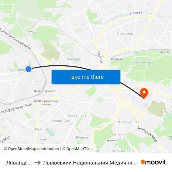 Левандівське Озеро to Львівський Національний Медичний Університет Імені Данила Галицького map