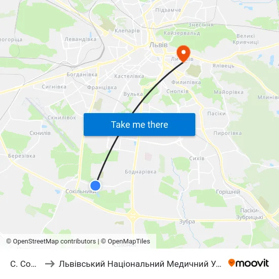 С. Сокільники to Львівський Національний Медичний Університет Імені Данила Галицького map