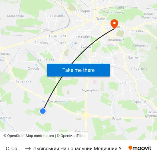 С. Сокільники to Львівський Національний Медичний Університет Імені Данила Галицького map
