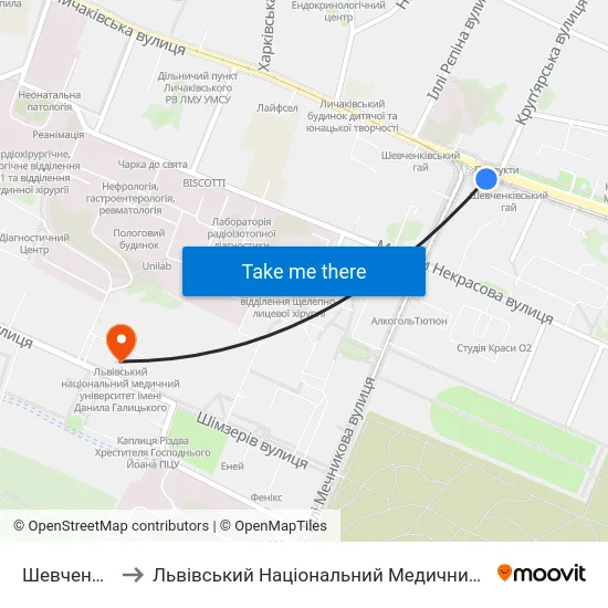 Шевченківський Гай to Львівський Національний Медичний Університет Імені Данила Галицького map