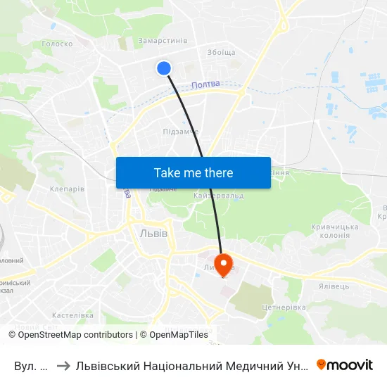 Вул. Тичини to Львівський Національний Медичний Університет Імені Данила Галицького map