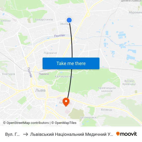 Вул. Грінченка to Львівський Національний Медичний Університет Імені Данила Галицького map