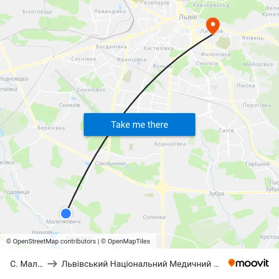 С. Малечковичі to Львівський Національний Медичний Університет Імені Данила Галицького map