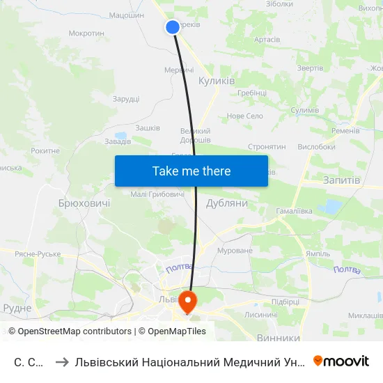 С. Смереків to Львівський Національний Медичний Університет Імені Данила Галицького map
