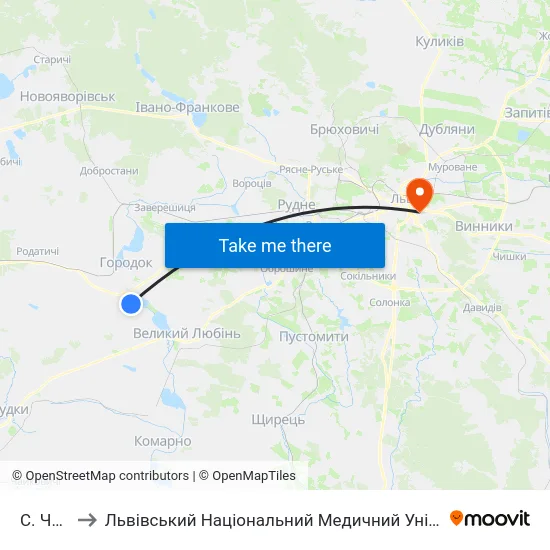 С. Черляни to Львівський Національний Медичний Університет Імені Данила Галицького map