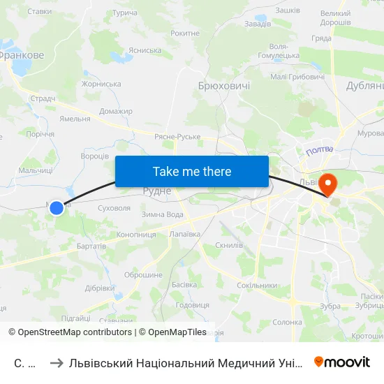 С. Мшана to Львівський Національний Медичний Університет Імені Данила Галицького map