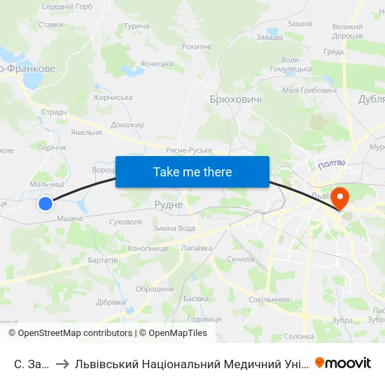 С. Залужжя to Львівський Національний Медичний Університет Імені Данила Галицького map