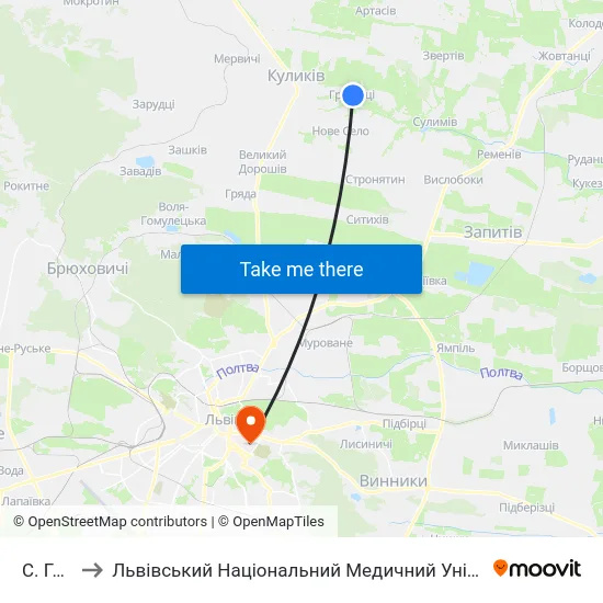 С. Гребінці to Львівський Національний Медичний Університет Імені Данила Галицького map