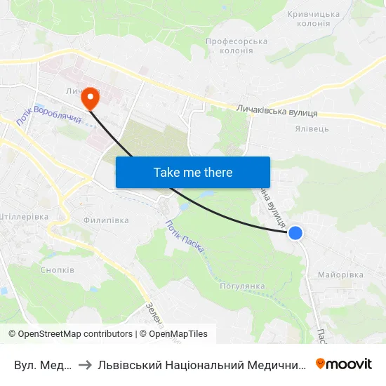 Вул. Медової Печери to Львівський Національний Медичний Університет Імені Данила Галицького map