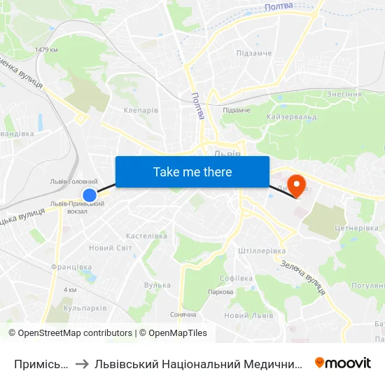 Приміський Вокзал to Львівський Національний Медичний Університет Імені Данила Галицького map