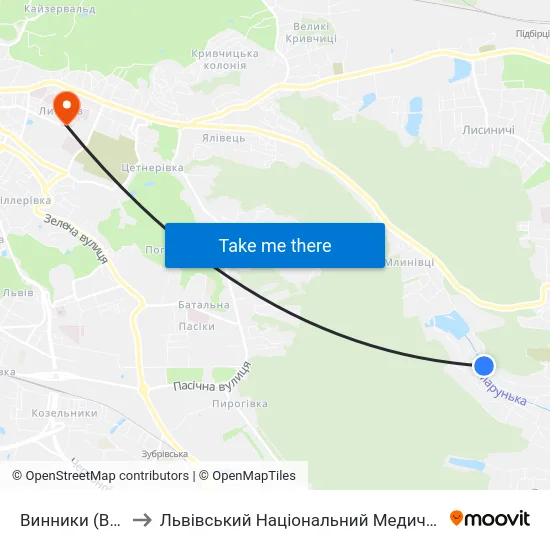 Винники (Вул. Ломоносова) to Львівський Національний Медичний Університет Імені Данила Галицького map