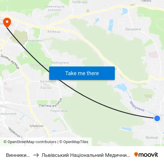 Винники Вул. Забава to Львівський Національний Медичний Університет Імені Данила Галицького map