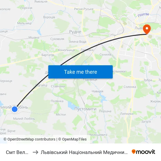 Смт Великий Любінь to Львівський Національний Медичний Університет Імені Данила Галицького map