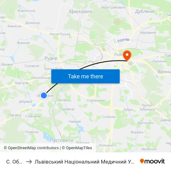 С. Оброшине to Львівський Національний Медичний Університет Імені Данила Галицького map