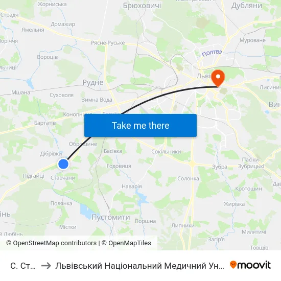С. Ставчани to Львівський Національний Медичний Університет Імені Данила Галицького map