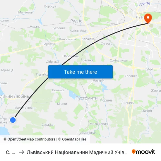 С. Бірче to Львівський Національний Медичний Університет Імені Данила Галицького map