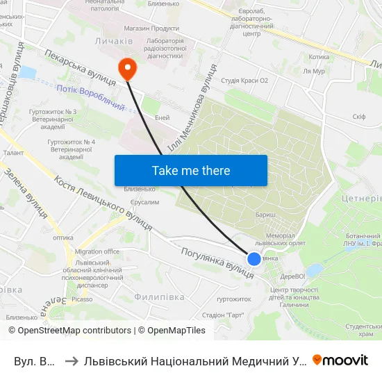 Вул. Вахнянина to Львівський Національний Медичний Університет Імені Данила Галицького map