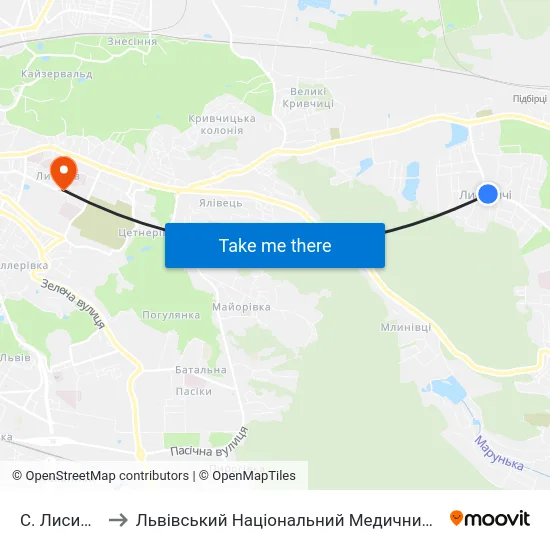 С. Лисиничі (Центр) to Львівський Національний Медичний Університет Імені Данила Галицького map