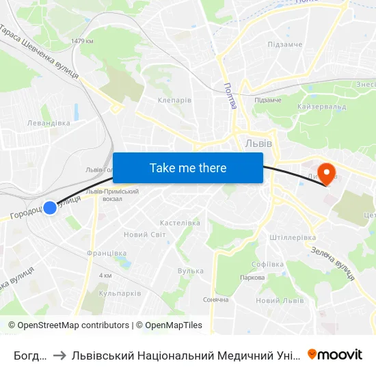 Богданівка to Львівський Національний Медичний Університет Імені Данила Галицького map