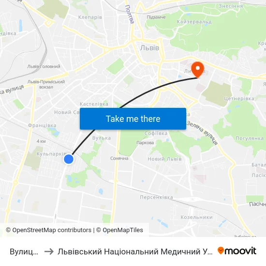 Вулиця Аркаса to Львівський Національний Медичний Університет Імені Данила Галицького map