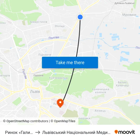 Ринок «Галицьке Перехрестя» to Львівський Національний Медичний Університет Імені Данила Галицького map