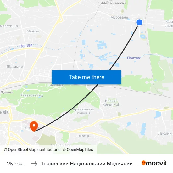Муроване, Озеро to Львівський Національний Медичний Університет Імені Данила Галицького map