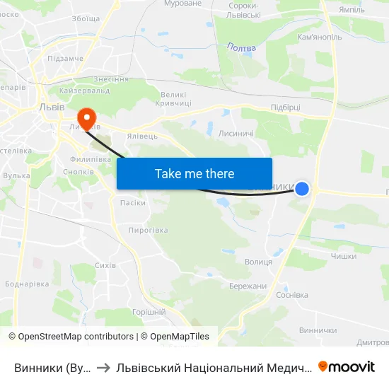 Винники (Вул. Яворницького) to Львівський Національний Медичний Університет Імені Данила Галицького map