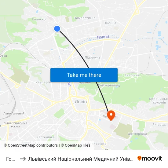 Голоско to Львівський Національний Медичний Університет Імені Данила Галицького map