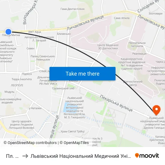Пл. Митна to Львівський Національний Медичний Університет Імені Данила Галицького map