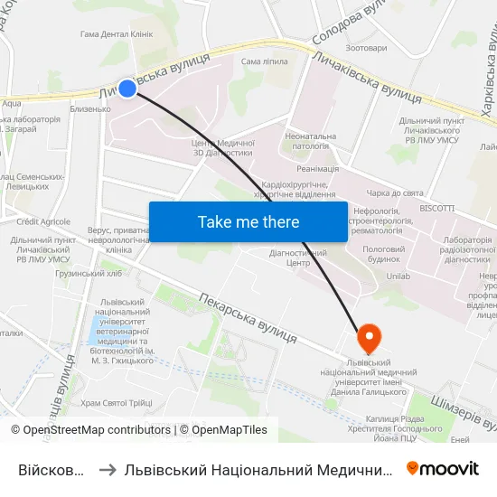 Війсковий Госпіталь to Львівський Національний Медичний Університет Імені Данила Галицького map