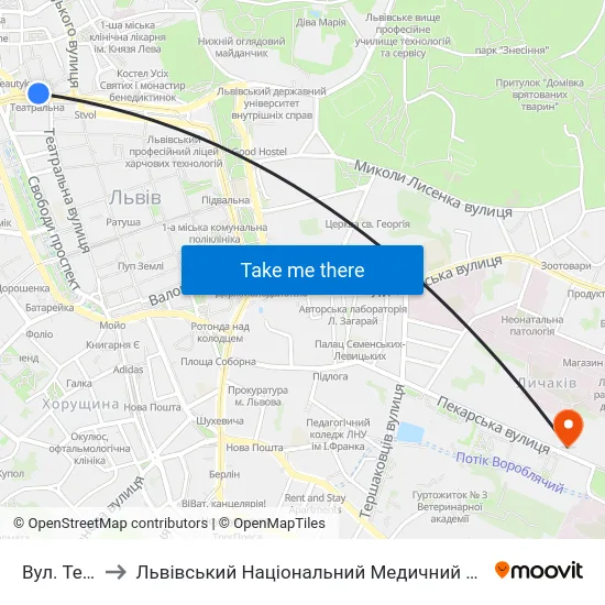 Вул. Театральна to Львівський Національний Медичний Університет Імені Данила Галицького map