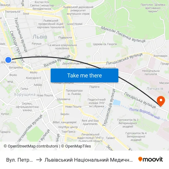 Вул. Петра Дорошенка to Львівський Національний Медичний Університет Імені Данила Галицького map