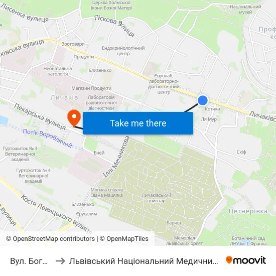 Вул. Богдана Котика to Львівський Національний Медичний Університет Імені Данила Галицького map