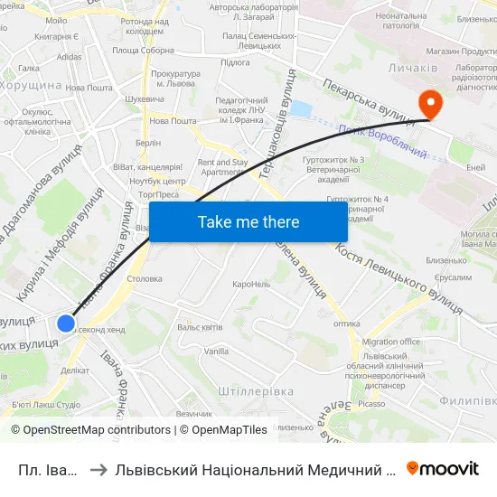 Пл. Івана Франка to Львівський Національний Медичний Університет Імені Данила Галицького map