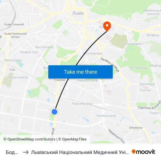 Боднарівка to Львівський Національний Медичний Університет Імені Данила Галицького map