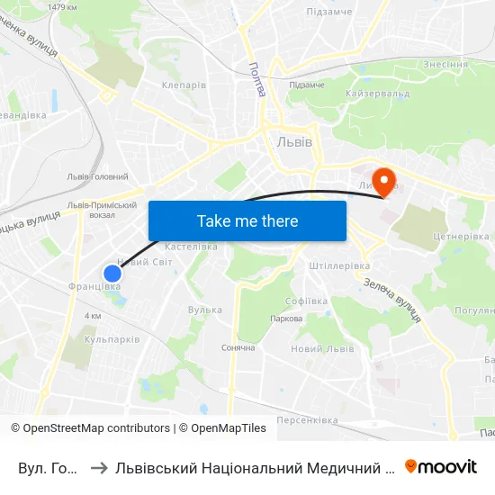 Вул. Гординських to Львівський Національний Медичний Університет Імені Данила Галицького map