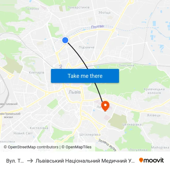 Вул. Торф'Яна to Львівський Національний Медичний Університет Імені Данила Галицького map