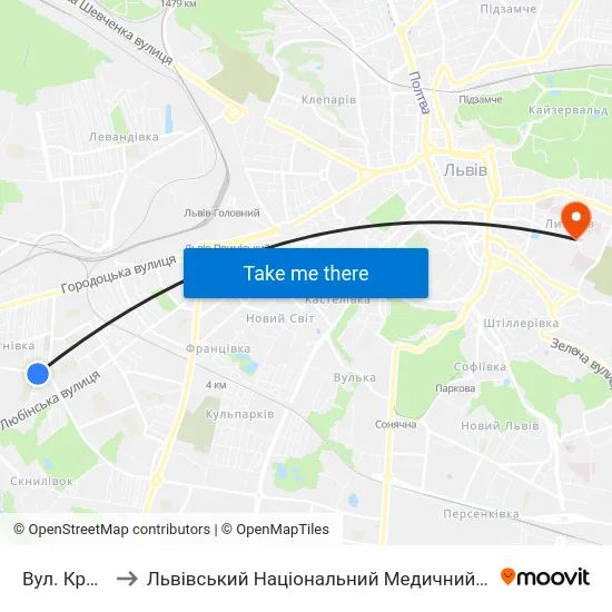 Вул. Кричевського to Львівський Національний Медичний Університет Імені Данила Галицького map