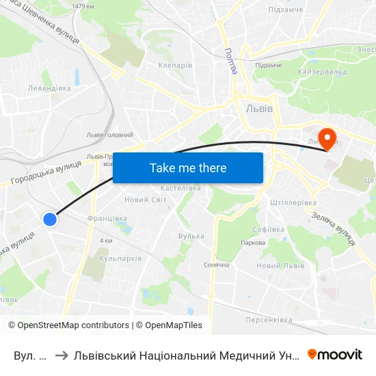 Вул. Зоряна to Львівський Національний Медичний Університет Імені Данила Галицького map