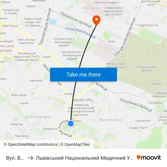 Вул. Водогінна to Львівський Національний Медичний Університет Імені Данила Галицького map