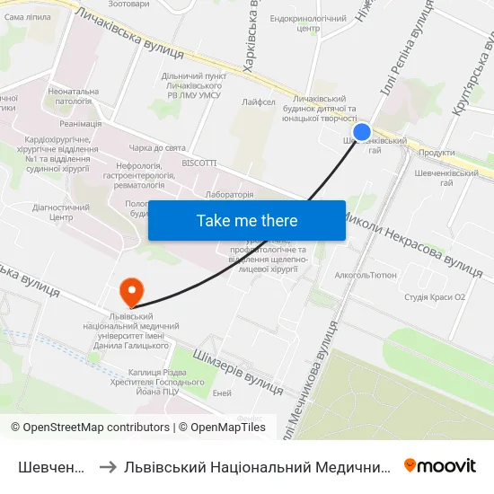 Шевченківський Гай to Львівський Національний Медичний Університет Імені Данила Галицького map