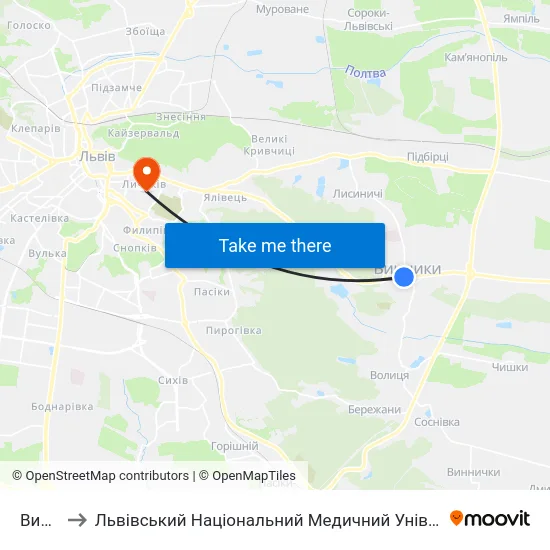Винники to Львівський Національний Медичний Університет Імені Данила Галицького map