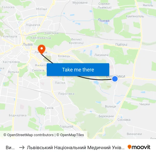 Винники to Львівський Національний Медичний Університет Імені Данила Галицького map