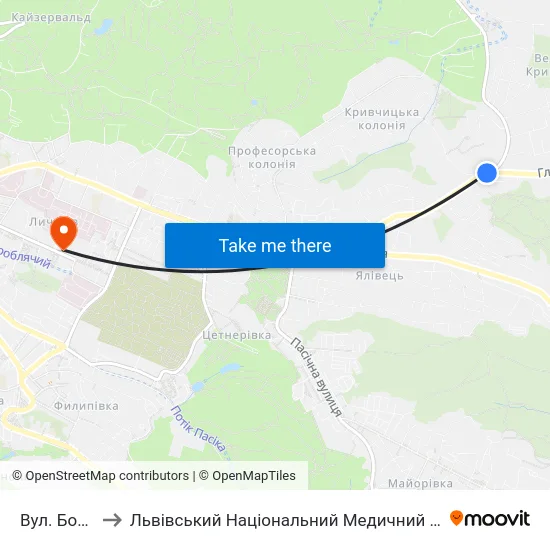 Вул. Богданівська to Львівський Національний Медичний Університет Імені Данила Галицького map
