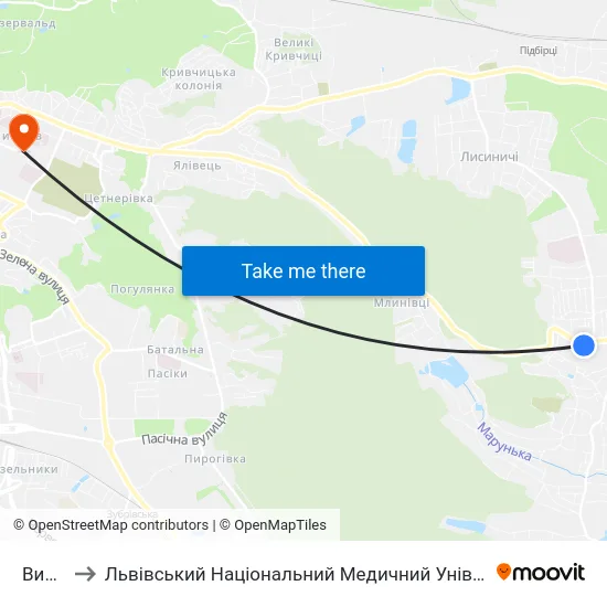 Винники to Львівський Національний Медичний Університет Імені Данила Галицького map