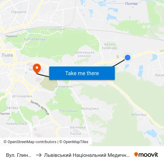 Вул. Глинянський Тракт to Львівський Національний Медичний Університет Імені Данила Галицького map