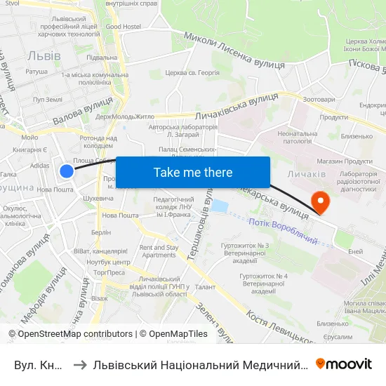 Вул. Князя Романа to Львівський Національний Медичний Університет Імені Данила Галицького map
