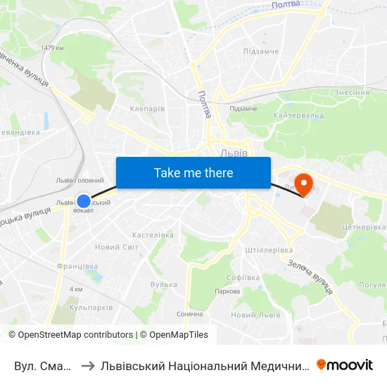 Вул. Смаль-Стоцького to Львівський Національний Медичний Університет Імені Данила Галицького map